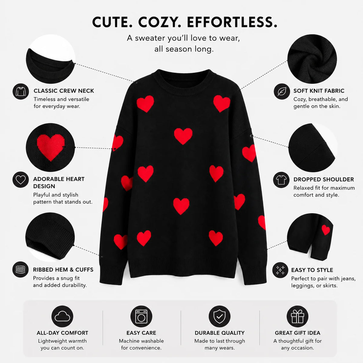 Heart Print Knit Sweater – Cozy Crew Neck