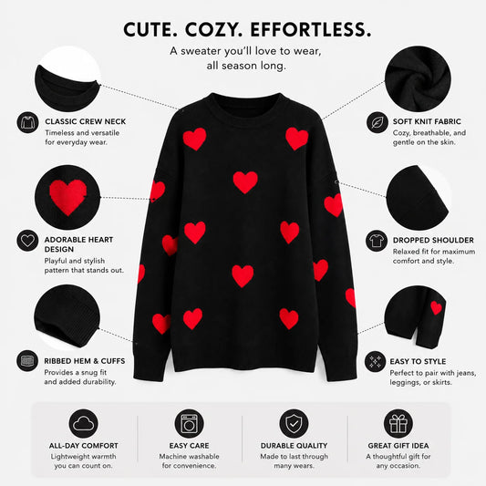 Heart Print Knit Sweater – Cozy Crew Neck